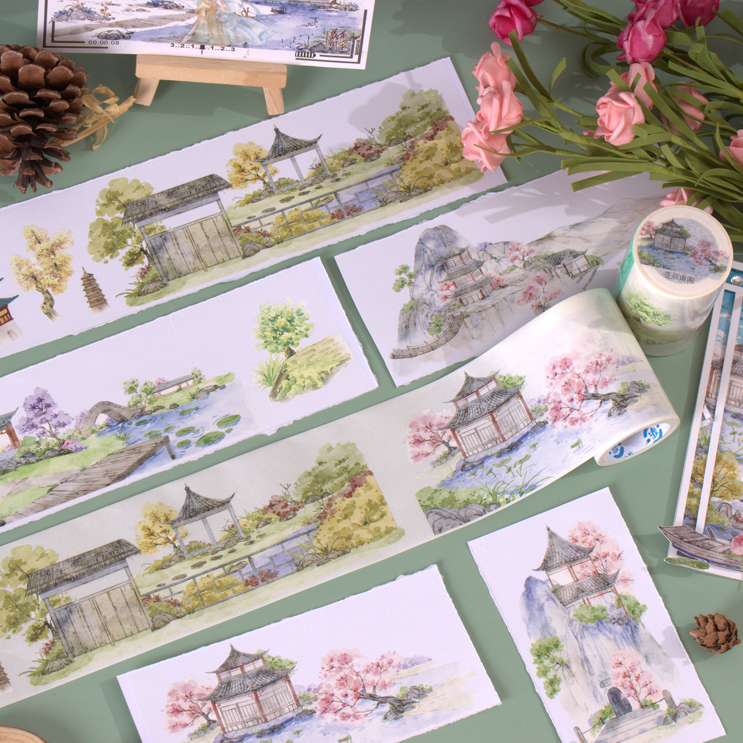 分装 烟雨歌坊中国古风造景和纸胶带离型特油白墨diy拼贴手帐账贴