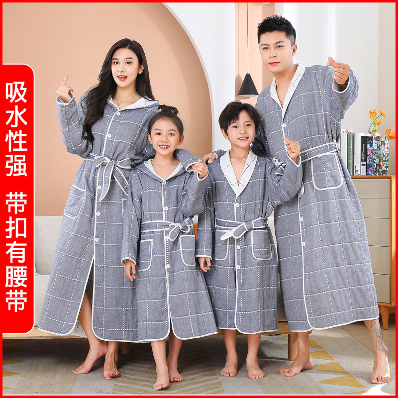A类纯棉纱布 儿童浴袍男童女童游泳洗澡吸水毛巾料浴巾情侣亲子装