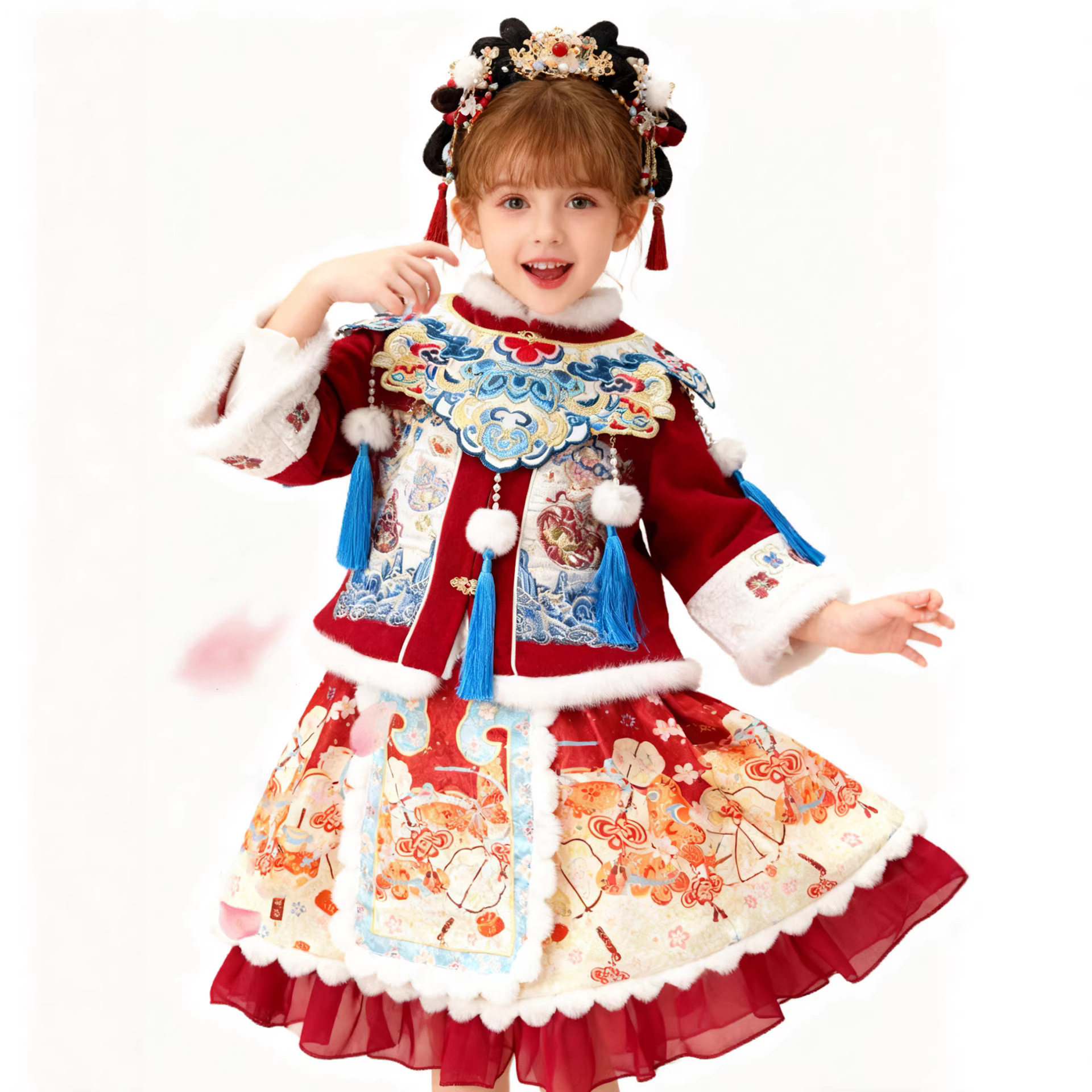 明制汉服拜年服秋冬新款古装加厚红色新年套装洛丽塔连衣裙两件套,童装/婴儿装/亲子装,旗袍,淘宝优惠券,粉丝福利购,淘宝优惠卷
