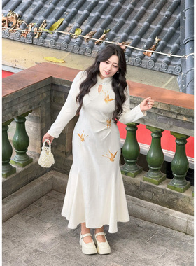 52017高级感新中式国风提花裙2025冬季新款内搭打底鱼尾大码旗袍