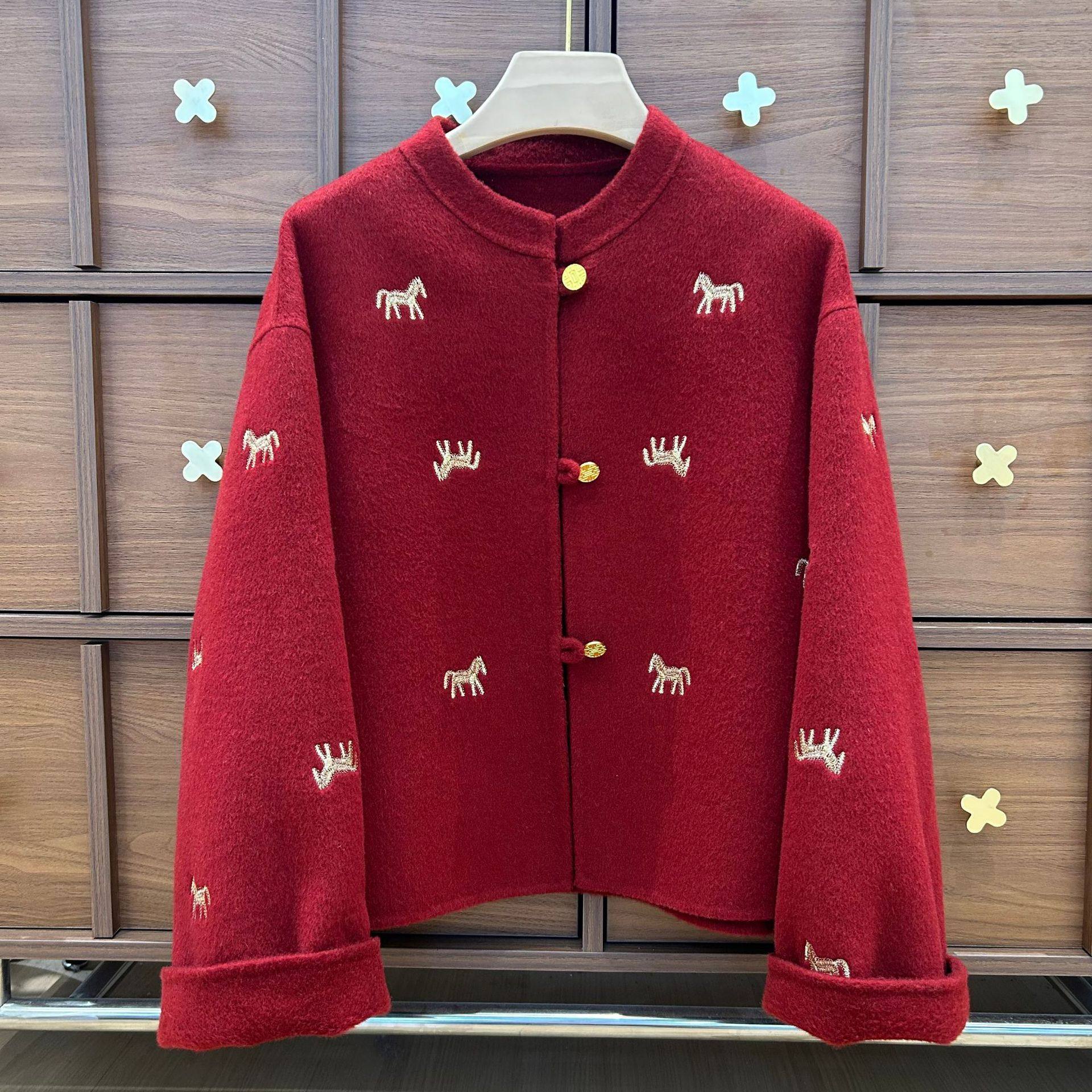 【山羊绒】马上有钱短款宽松立领中式国风双面羊毛外套宽松女款红,女装/女士精品,毛呢外套,淘宝优惠券,粉丝福利购,淘宝优惠卷