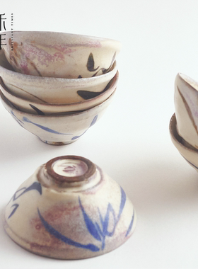 张汝佳柴烧粉引杯斗笠杯化妆土侘寂主人杯可养开片 容量:60ML