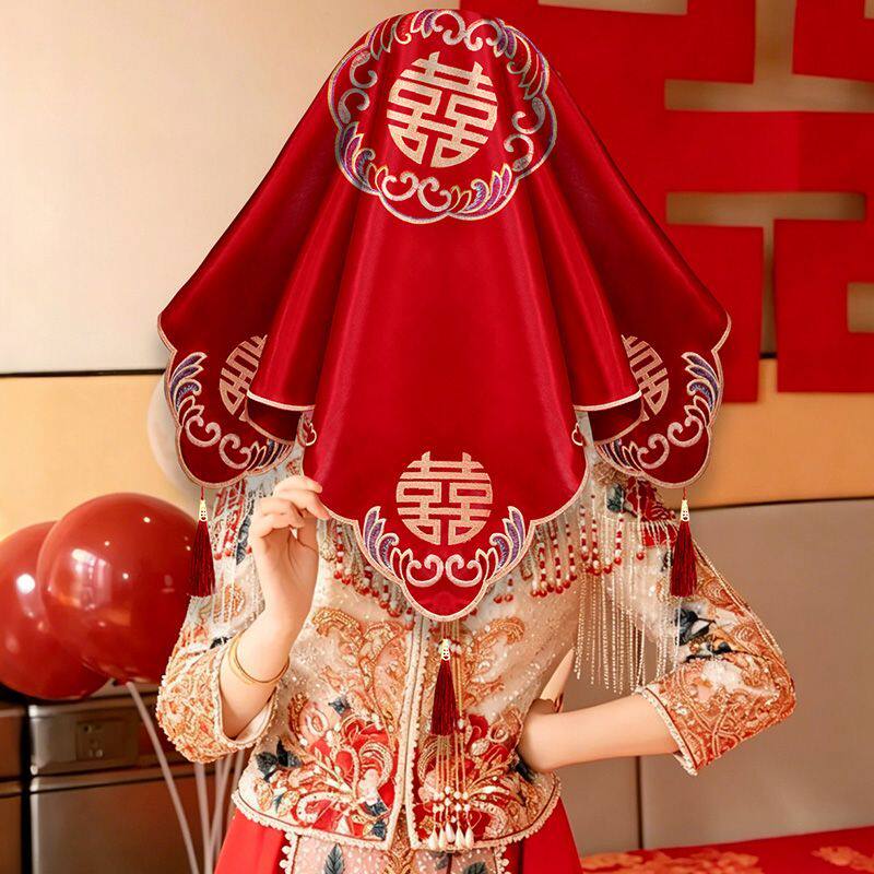 红盖头新娘结婚头纱半透明网纱中式刺绣流苏喜帕红盖头红色蒙头巾图片