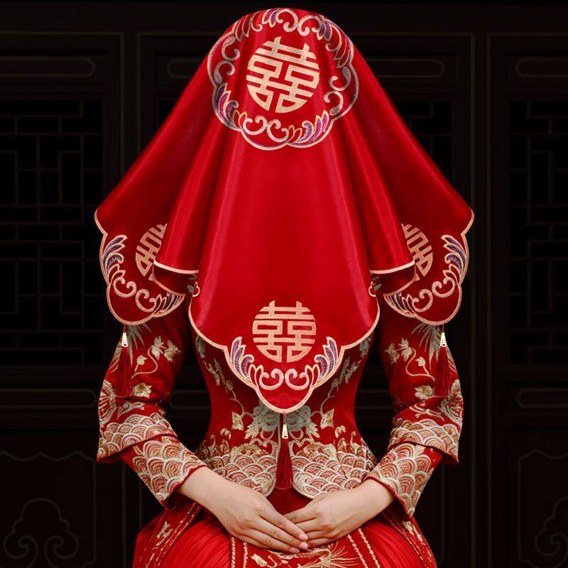 红盖头新娘结婚头纱中式秀禾服复古红色绣花缎面流苏蒙头刺绣喜帕图片