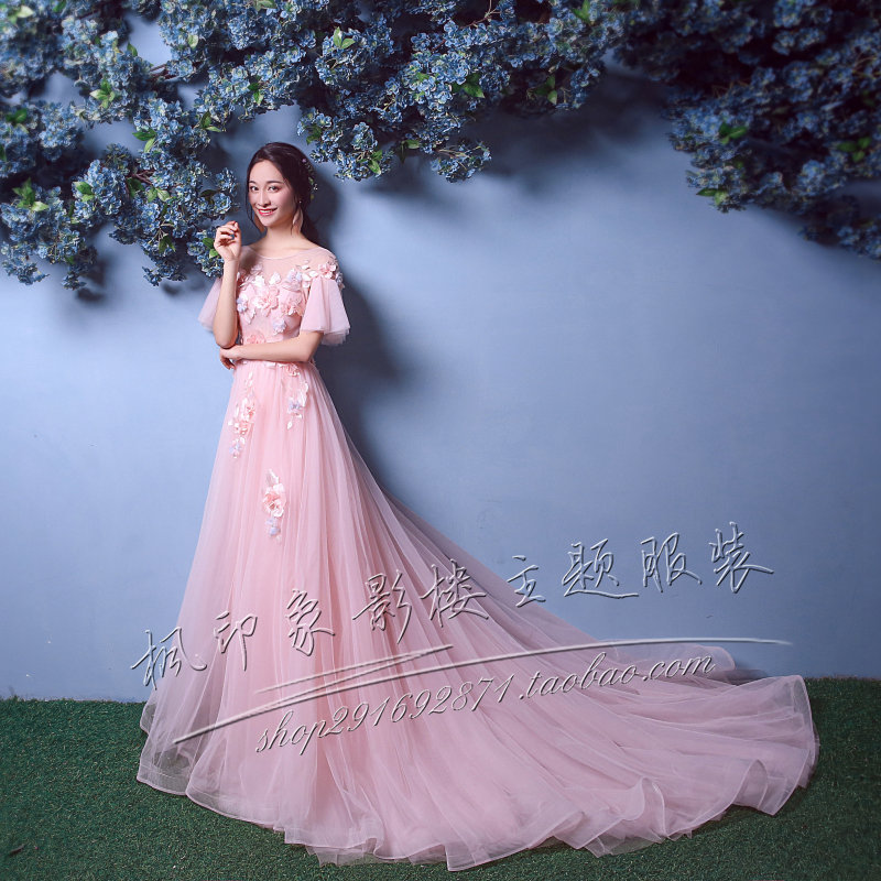 韩版甜美旅拍森系彩纱礼服粉色拖尾婚纱情侣写真拍照影楼主题服装