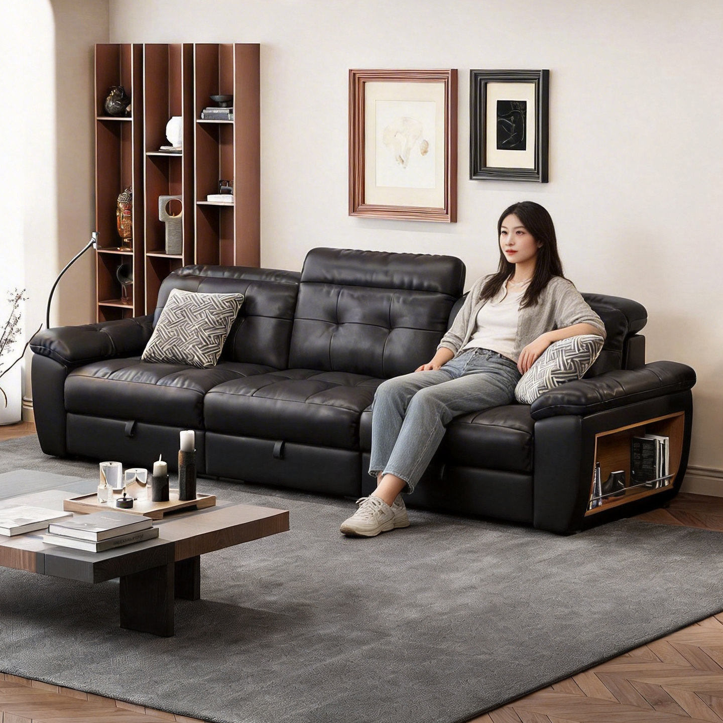 储物沙发真皮小户型直排收纳箱体充电意式极简皮艺沙发头枕可调节