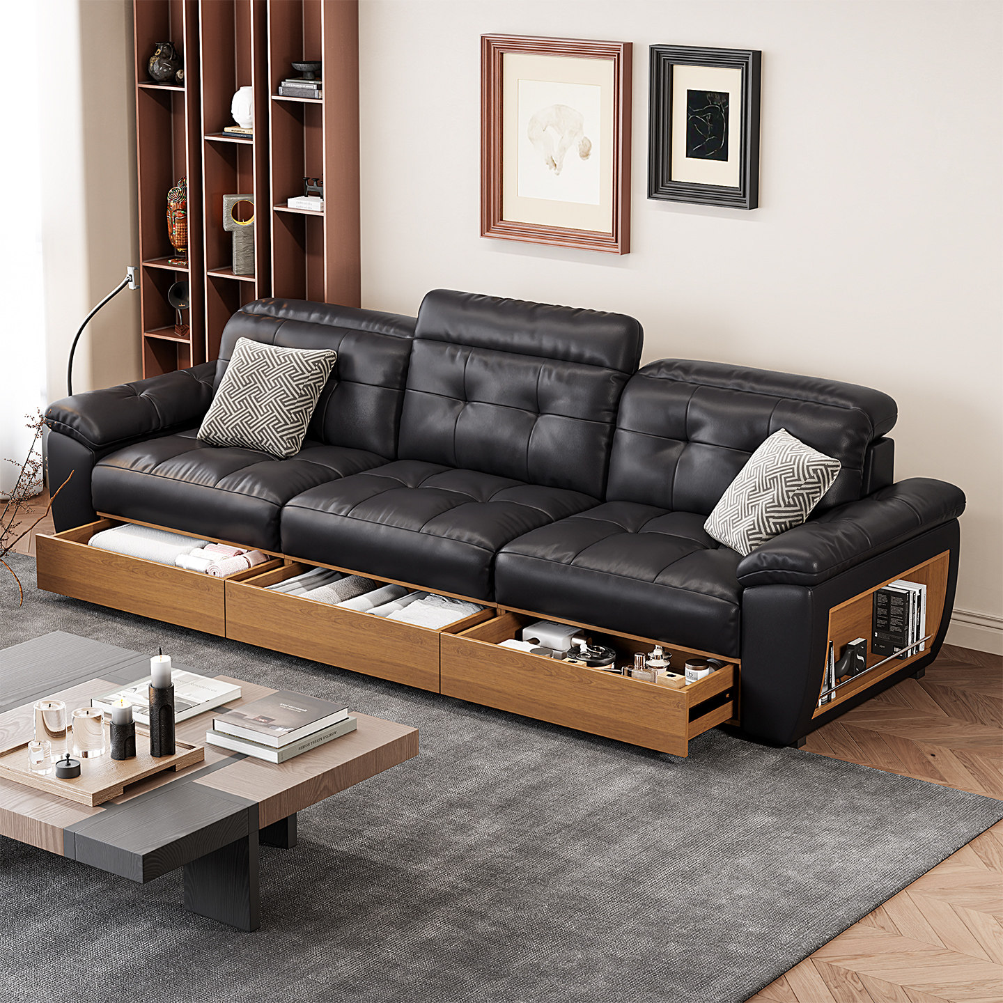 储物沙发真皮小户型直排收纳箱体充电手机支架皮艺沙发头枕可调节