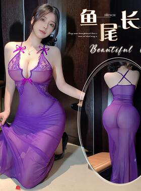 大码180斤性感全透明睡衣2025新款长裙紫色吊带裙夏胖MM情调制服