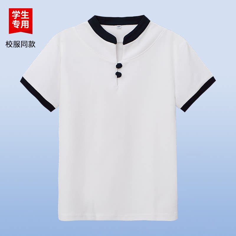 伊顿同款中小学生学院风校服女款白色盘扣短袖T恤夏季透气短袖