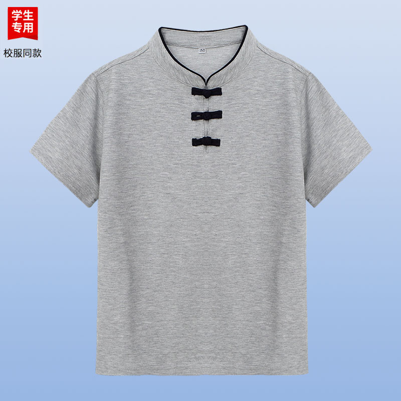 伊顿校服工厂新中式男款盘扣灰色短袖POLO衫夏季立领中小学生班服图片