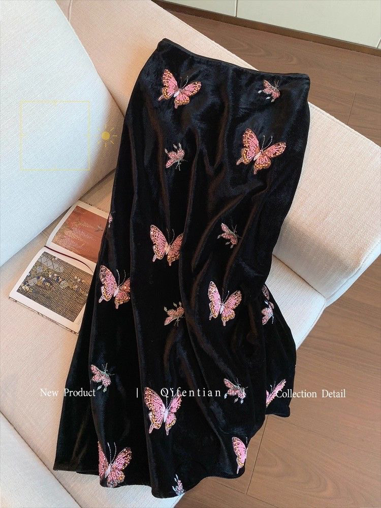 2025重工法式管珠彩色蝴蝶丝绒刺绣鱼尾半身裙女时尚百搭中式,女装/女士精品,半身裙,淘宝优惠券,粉丝福利购,淘宝优惠卷