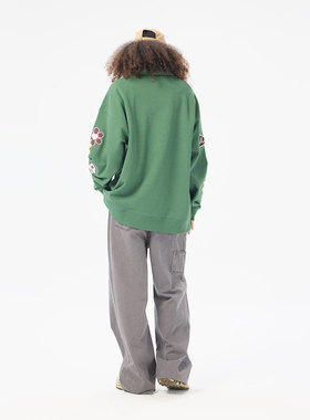 AIMEEWQ   新款小怪兽25春秋款通勤潮流花朵刺绣半拉链卫衣AM0800