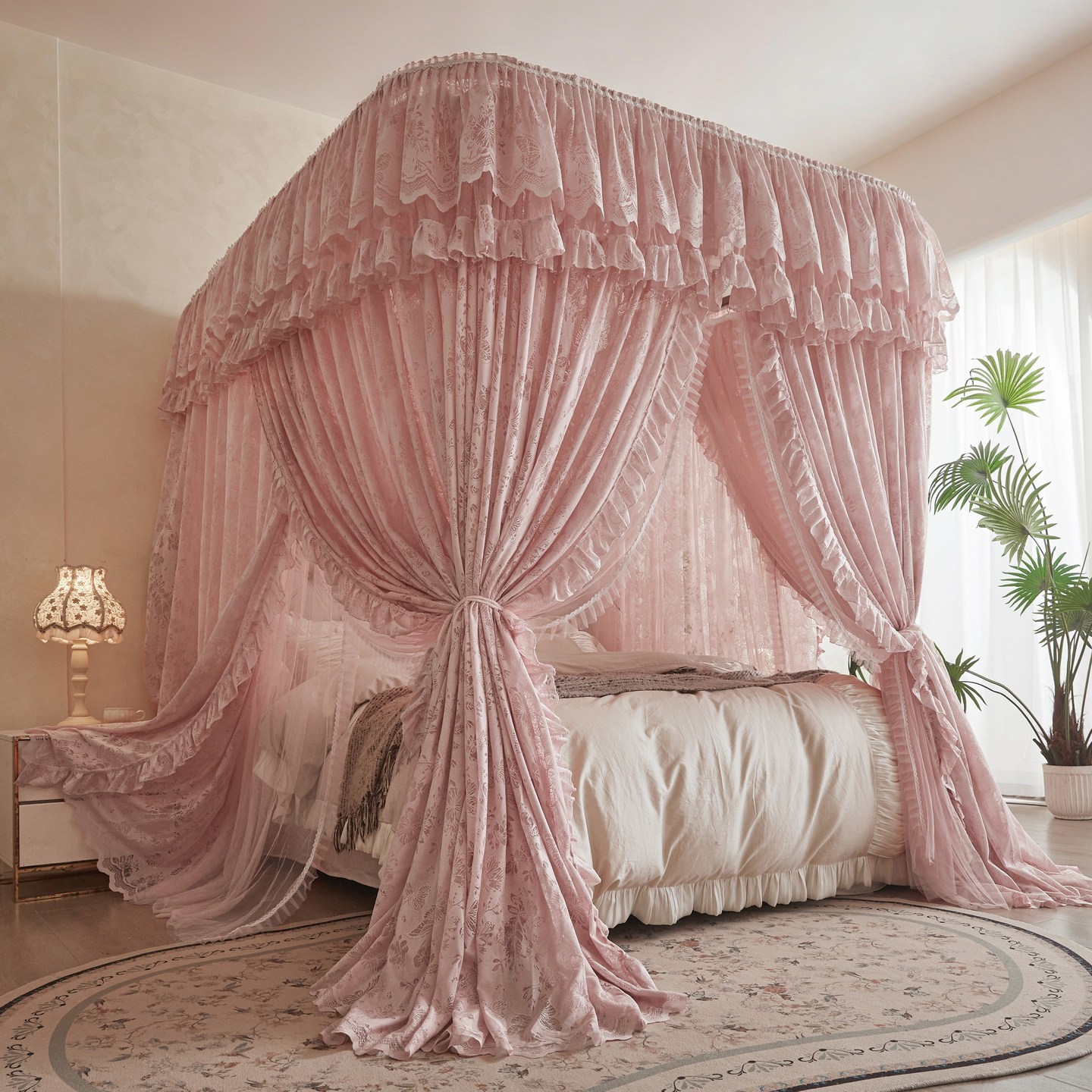 双层蕾丝法式u型导轨蚊帐1.8防尘遮光卧室家用床幔加密提花三开门