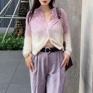 圆领长毛软糯风 紫色絮语渐变羊毛针织开衫 1H25BANI 秋季 BS26新款