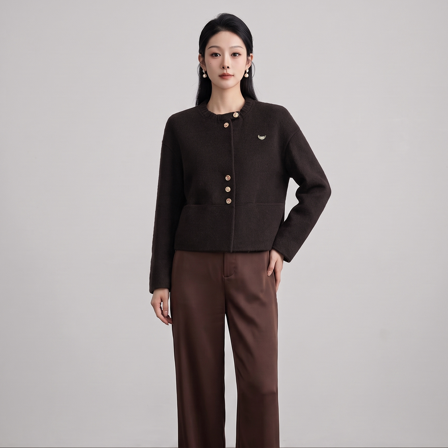 山羊绒小香风短款圆领毛呢外套女