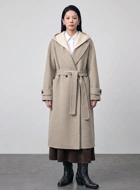 极简老钱风连帽羊毛呢收腰大衣女