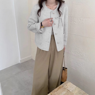 双面呢羊毛短款 秋冬圆领蝴蝶结大衣女洋气减龄小香风外套 2026新款