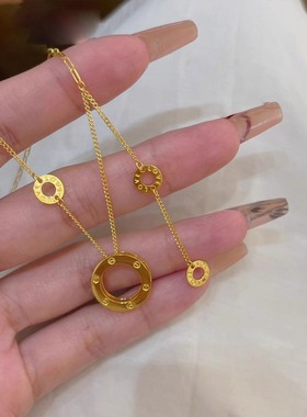 小红书同款仿黄金色卡家大饼圆环流苏项链女款百搭小众锁骨链项饰