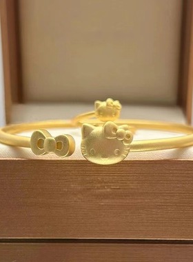 沙金饰品Kitty猫项链轻奢小众设计感手镯女高级感凯蒂猫戒指套装