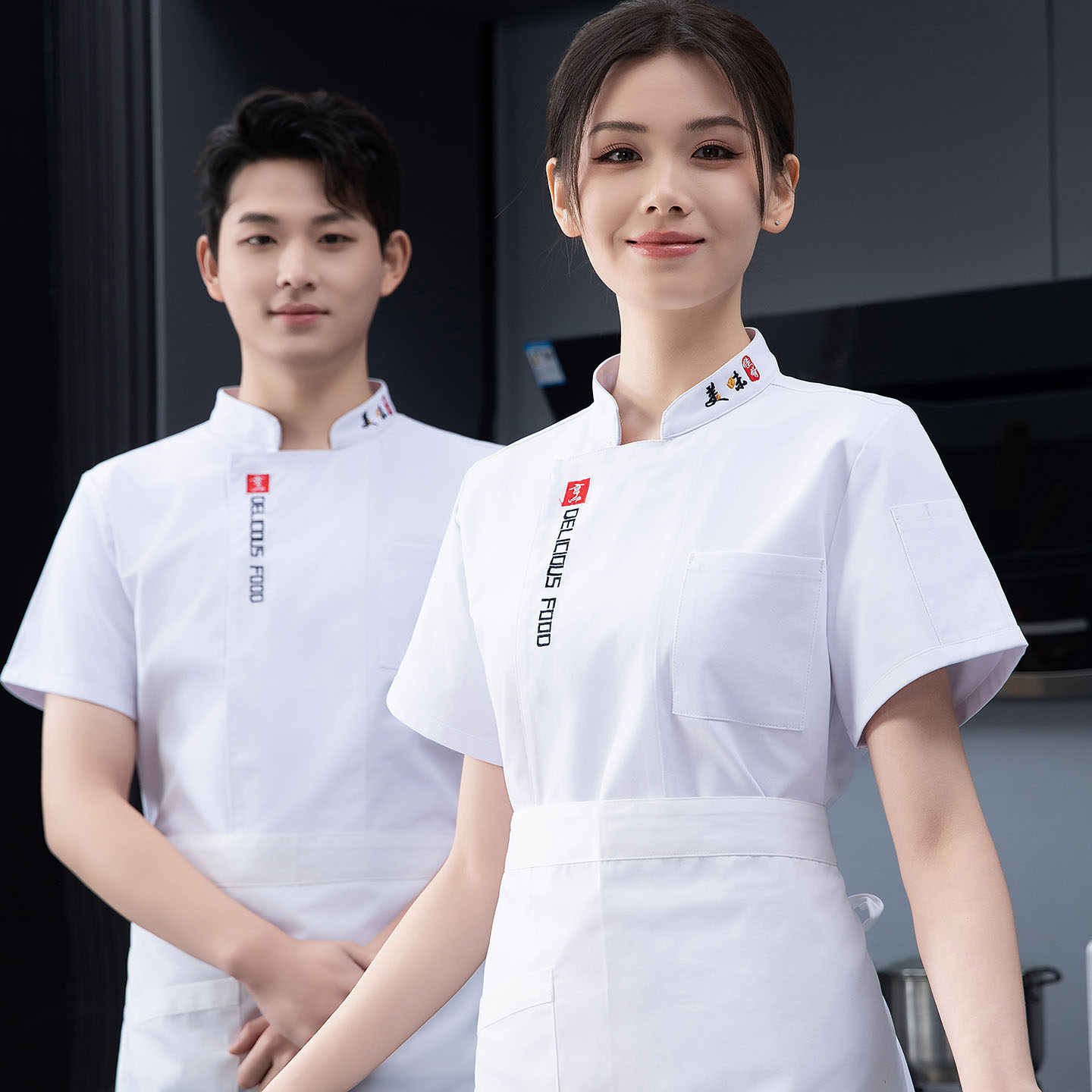 厨师工作服夏装酒店厨房精仿呢半袖工装烧烤饭店食堂快餐制服短袖