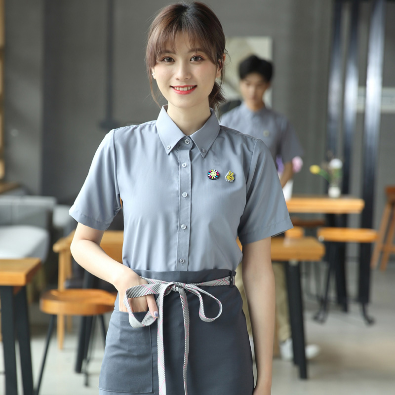 咖啡工作服短袖衬衫女夏季餐饮咖啡奶茶店服务员半袖衬衣工装定制