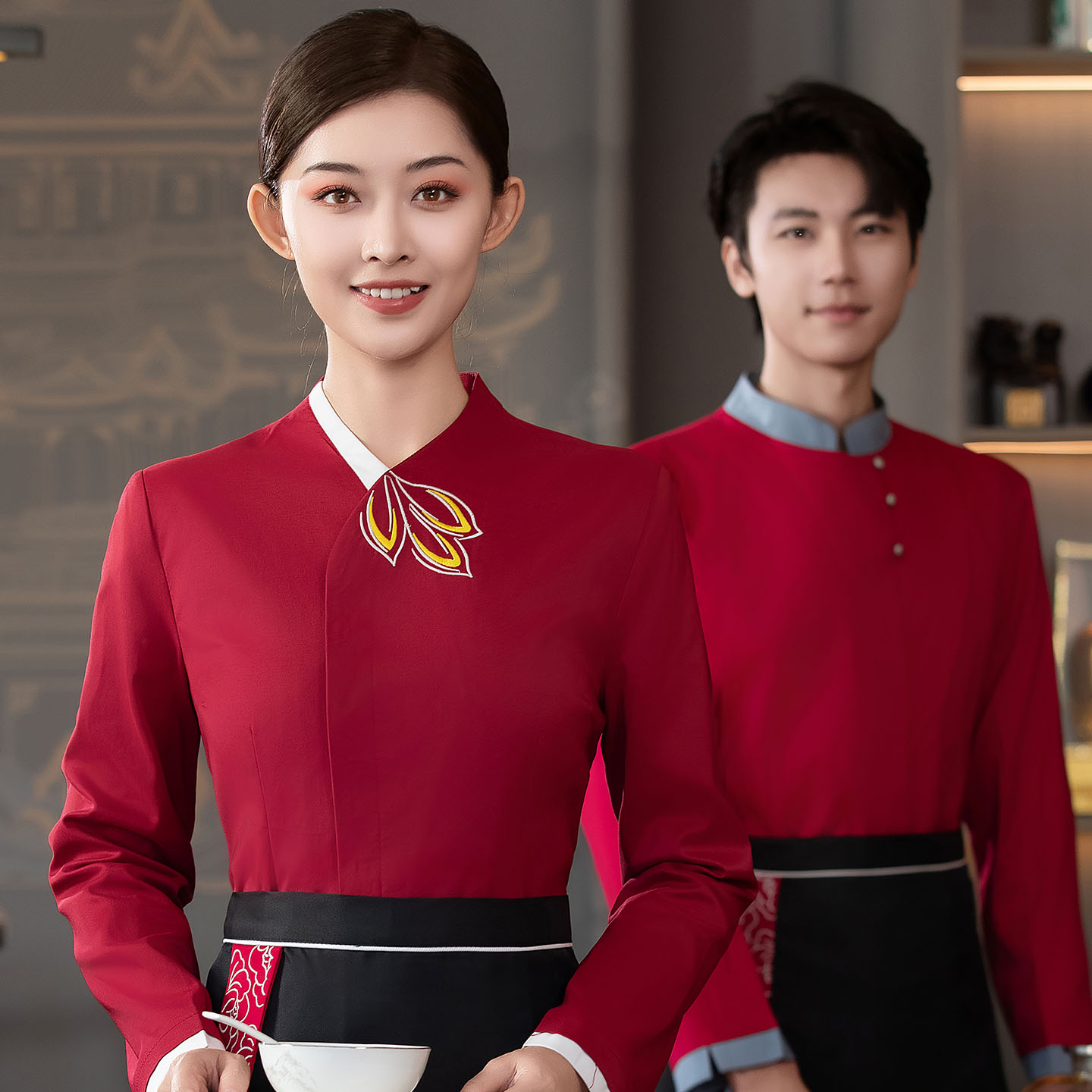 新中式酒店服务员工作服长袖秋冬装火锅烧烤饭店餐厅传菜员制服女