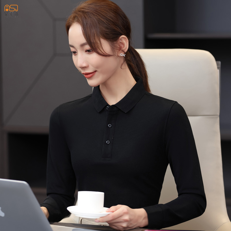 翻领长袖工作服t恤女纯色大码运动POLO衫带领工衣体恤衫定制logo