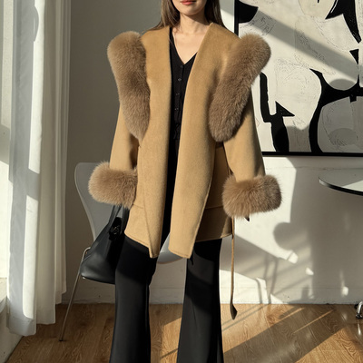 秋冬狐狸毛领毛袖双面羊毛大衣