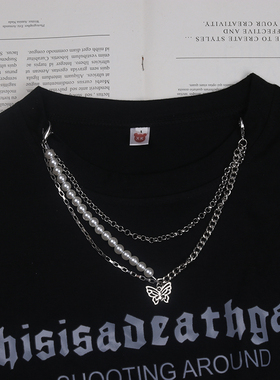 ins小众设计感服饰挂链百搭短袖T恤领口链条DIY珍珠蝴蝶爱心链子