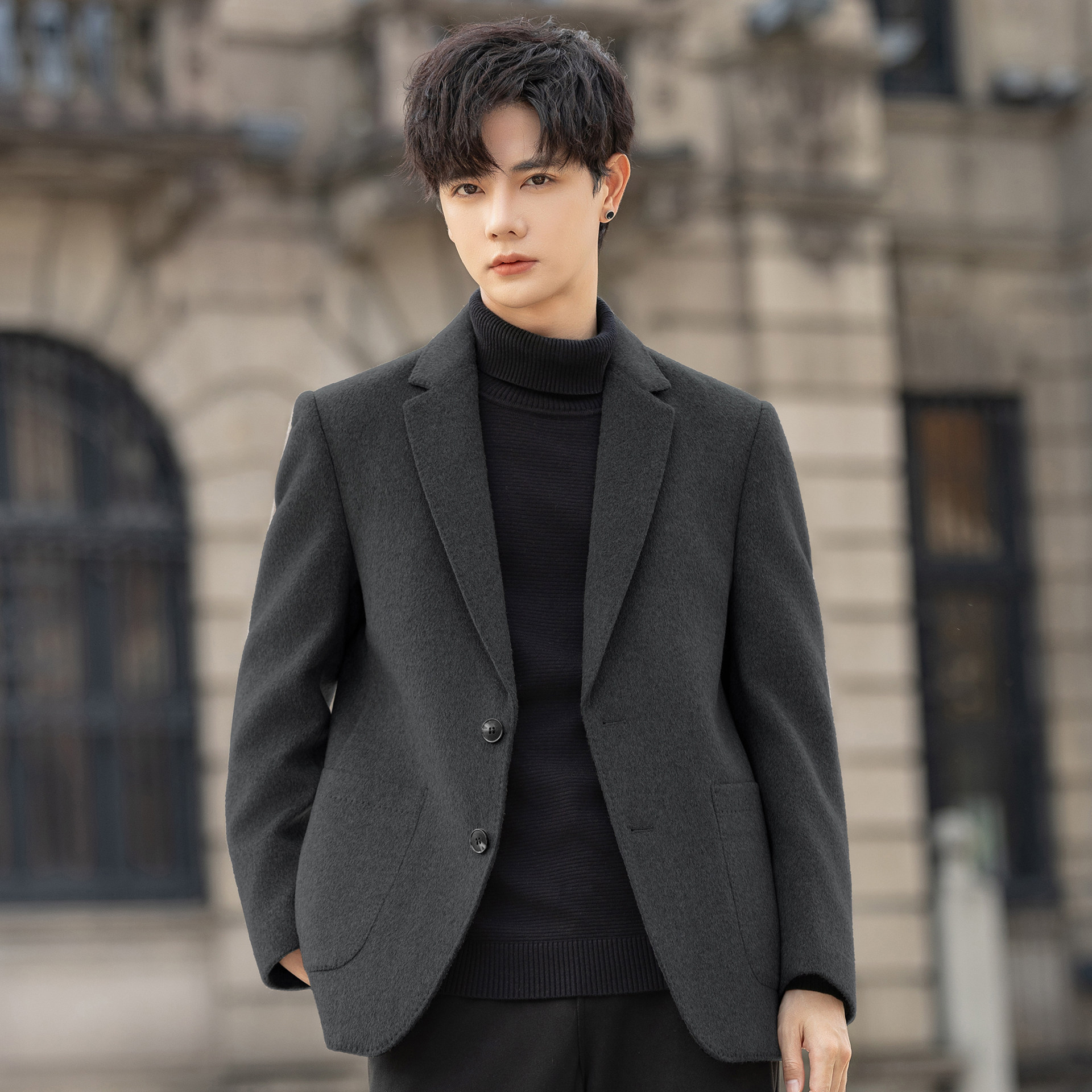 100纯羊毛西装男士呢子外套短款双面绒大衣秋冬季加厚新款英伦风