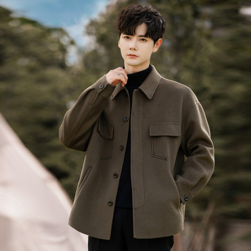 羊毛呢子大衣男士短款双面绒夹克外套秋冬季韩版加厚高级感妮风衣