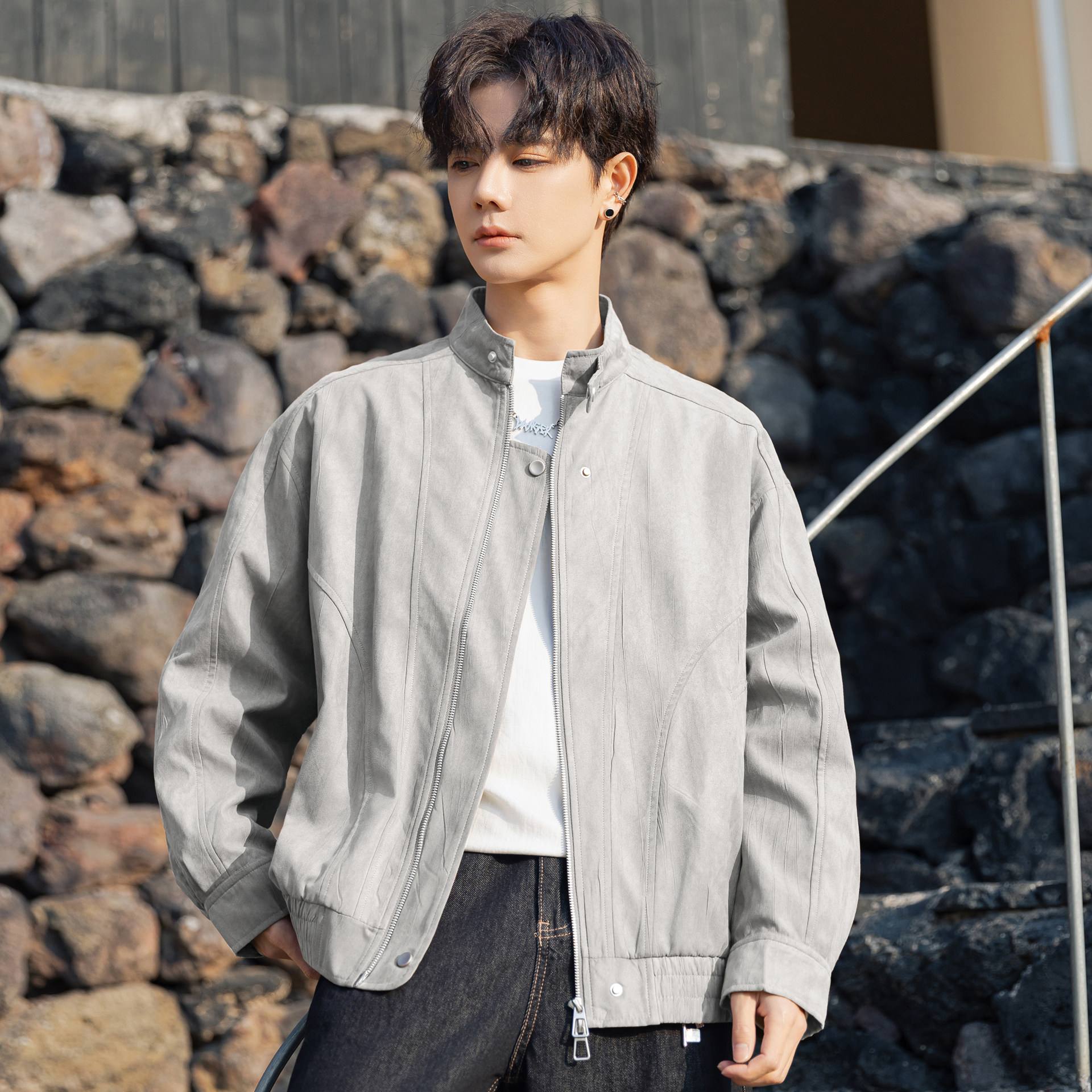 哈灵顿仿麂皮绒夹克外套男士2026新款春秋季休闲宽松立领上衣潮流