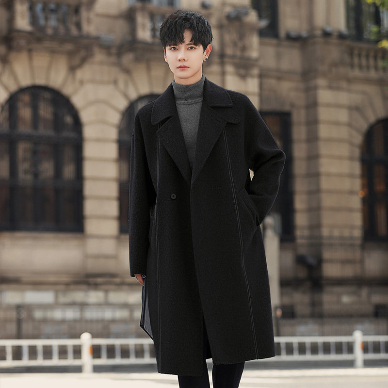 澳州纯羊毛呢子大衣男士中长款冬季加厚立领英伦风衣双面绒外套潮