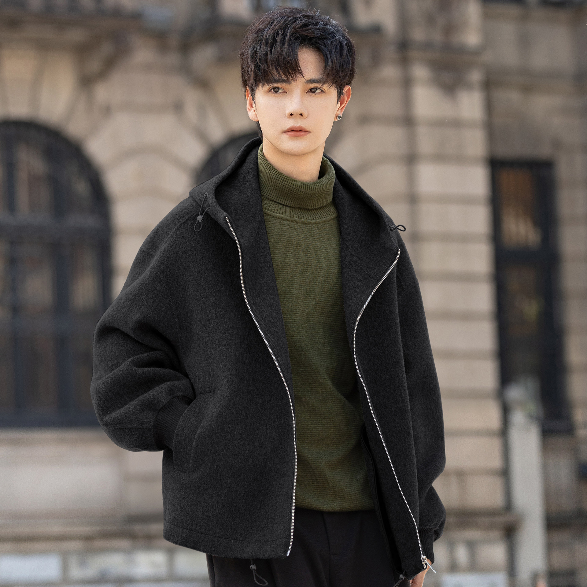 连帽外套男士羊毛呢子大衣短款秋冬季双面绒夹克2025新款保暖休闲,男装,毛呢大衣,淘宝优惠券,粉丝福利购,淘宝优惠卷