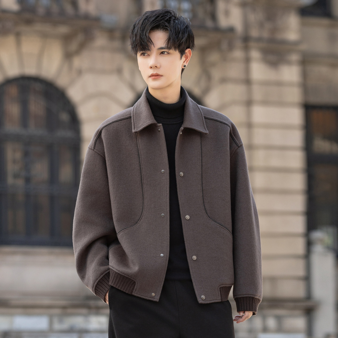 高端翻领羊毛夹克男士毛呢外套短款双面绒大衣秋冬季加厚高级感潮