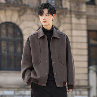 高端翻领羊毛夹克男士毛呢外套短款双面绒大衣秋冬季加厚高级感潮