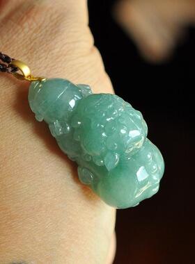 xk41老坑冰润蓝绿满色狮子天然缅甸A货翡翠18K真黄金镶嵌吊坠玉坠