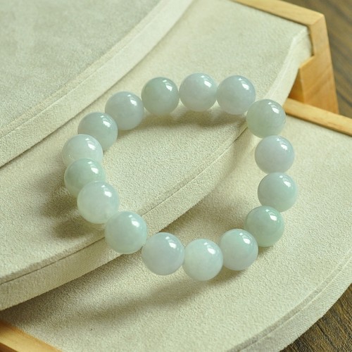 dj01老坑冰润糯白玉青色大圆珠手链天然缅甸A货翡翠男女单圈手串