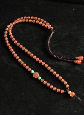 xl0010天然南红玛瑙粉嫩樱桃红原矿绿松石原创手工项链挂绳可调节