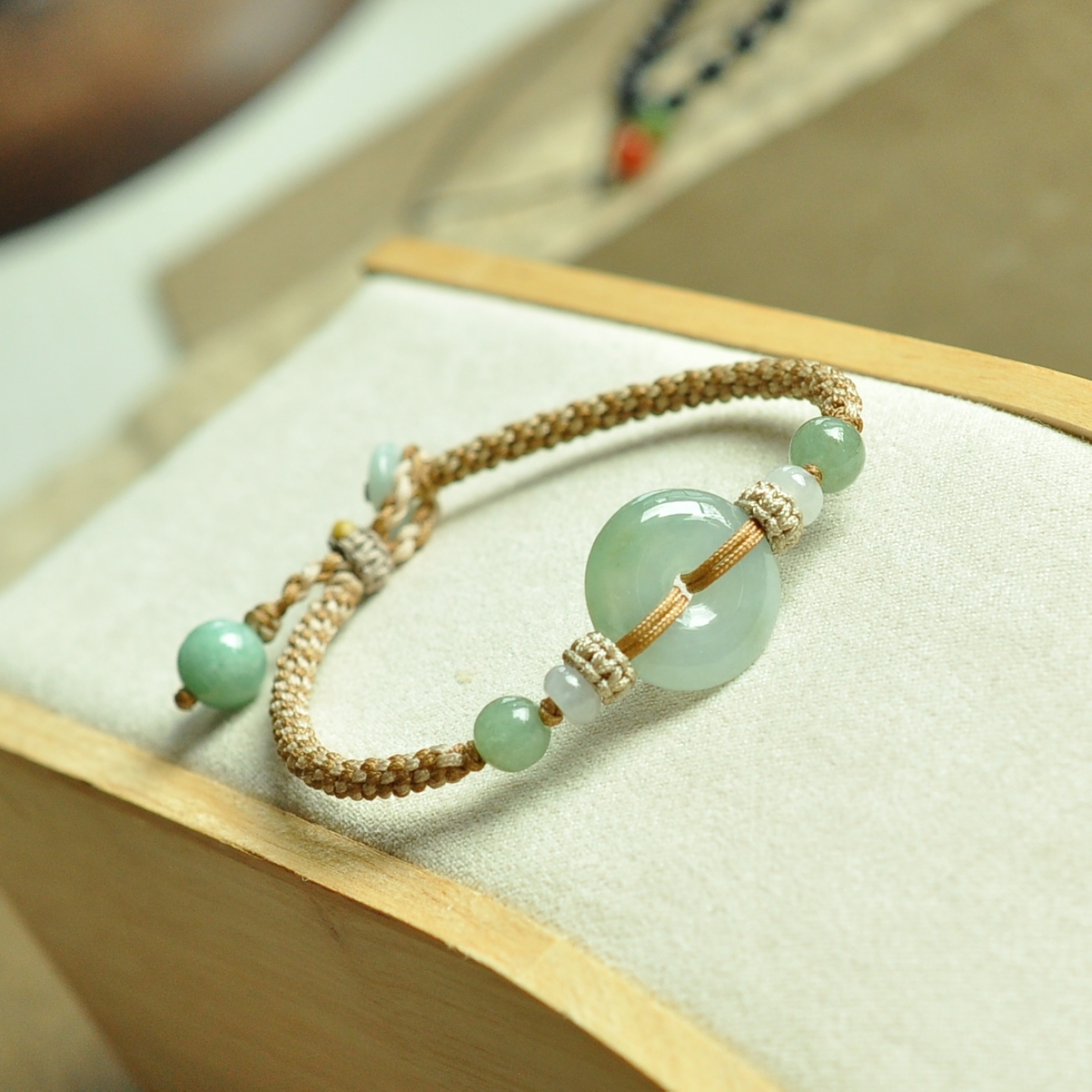 jk17老坑冰润飘绿飘花平安扣天然缅甸A货翡翠手编男女手链绳红绳