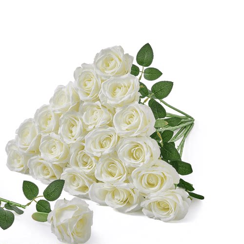 仿真花高质量绢布玫瑰花裁剪杆子插花婚礼派对布置花卉花束白色