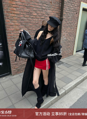 0122stepll 呛口辣妹 红色低腰短裙侧边双杠织带休闲运动风半裙女