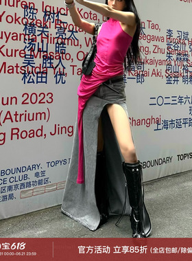 0122stepll超高开叉灰色半身裙女性感辣妹不规则设计长款牛仔裙#