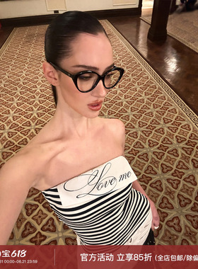0122stepll挚爱TOP 黑白条纹抹胸女美式辣妹修身拼接翻边无袖上衣