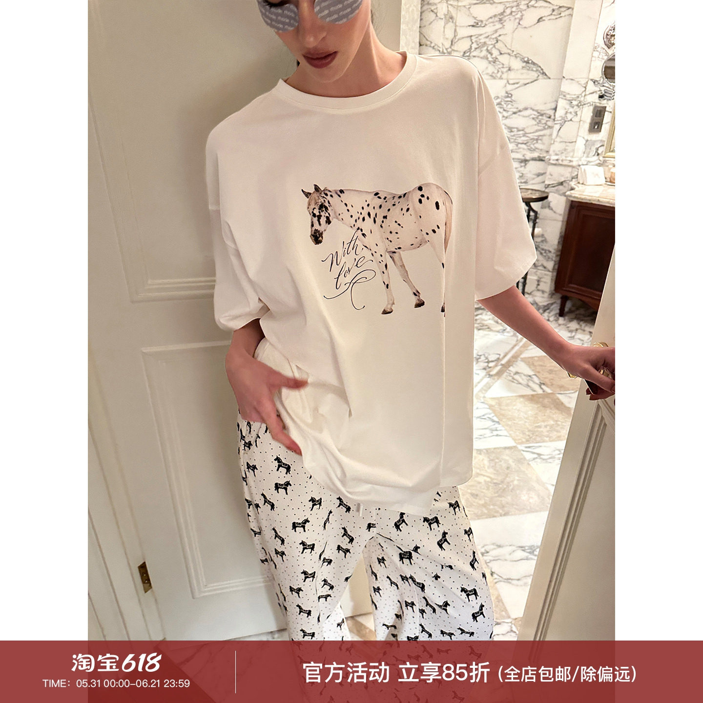 0122stepll 马力全开 斑点马印花t恤女宽松白色纯棉圆领短袖上衣