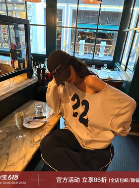 0122stepll重塑美式高街灰色露肩卫衣女春慵懒宽松设计感斜肩上衣