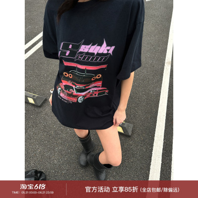 黑色印花宽松百搭休闲落肩T恤