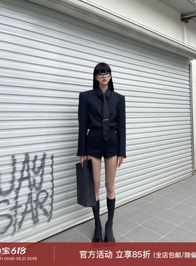 0122stepll黑话律师蓝色御姐衬衫西装套装显瘦高级辣妹短裤两件套