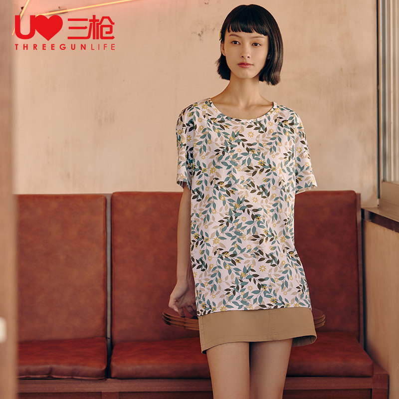 三枪短袖t恤女2022年新款夏天纯棉中年妈妈印花圆领宽松上衣23486