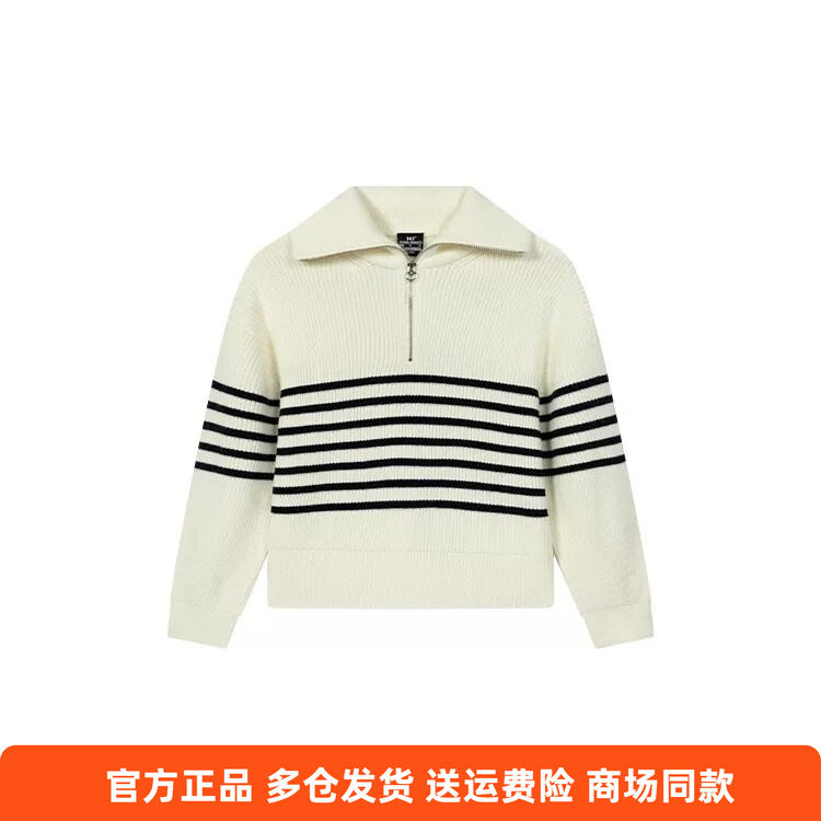 361正品女士翻领毛衫半开襟新品2025冬季套头针织洋气条纹毛衣女
